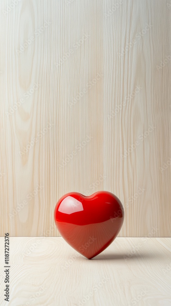 Fototapeta premium Glossy red heart resting on a light wooden surface against a matching background, symbolizing love and affection for valentine's day and romantic occasions
