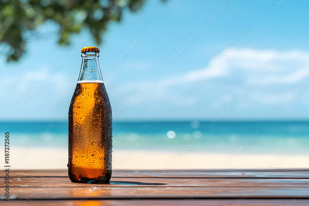 Chilled beverage bottle on a wooden table near the beach, highlighting a sunny day and offering copy space Chilled beverage bottle on a wooden table near the beach, highlighting a sunny day and offering copy space