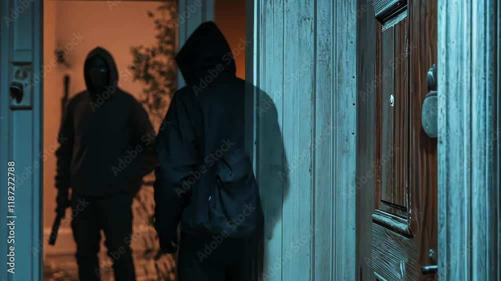 Burglars breaking and entering into a vacant home at night with masks and weapons, 2 masked burglars breaking and entering into a victim's home