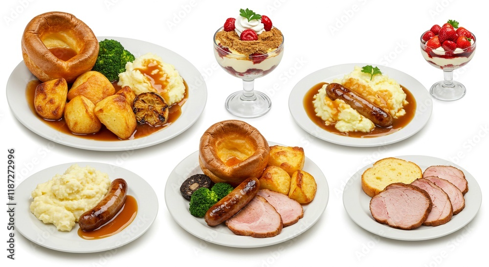 Delicious Roast Dinner Platter Yorkshire Pudding Mashed Potatoes Roast Meat Gravy Sausage Delicious Roast Dinner Platter Yorkshire Pudding Mashed Potatoes Roast Meat Gravy Sausage