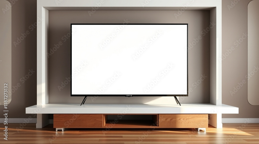 Modern blank flat-screen TV on a minimalist media console in a contemporary living room. Perfect for showcasing your brand or product. Modern blank flat-screen TV on a minimalist media console in a contemporary living room. Perfect for showcasing your brand or product.