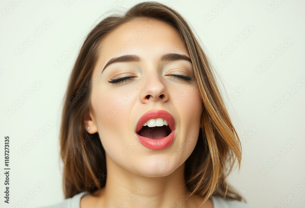 Relaxed female yawning with soft skin and gentle lips Relaxed female yawning with soft skin and gentle lips
