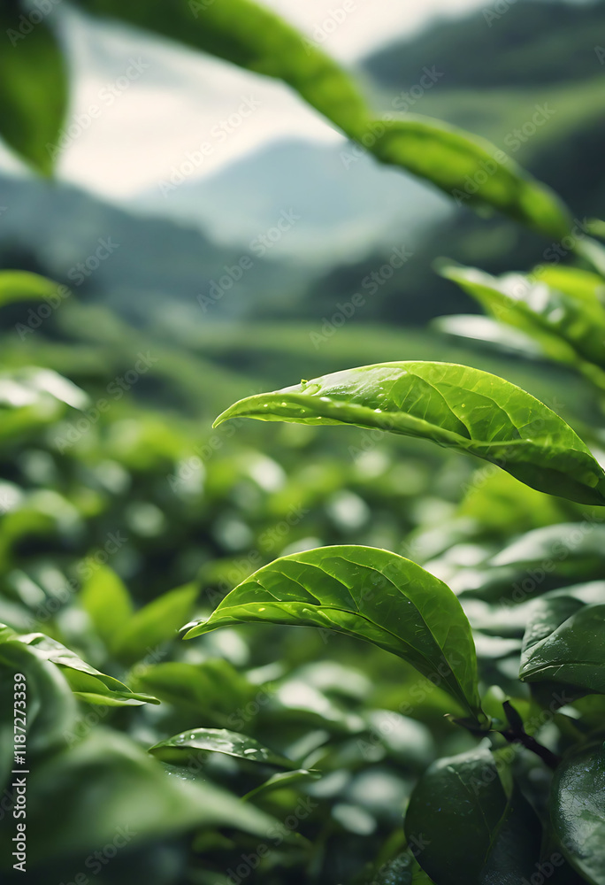 A close-up view of lush green tea leaves with a mountain background. A close-up view of lush green tea leaves with a mountain background.