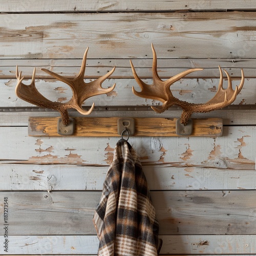 Rustic antler coat rack on weathered wood wall.