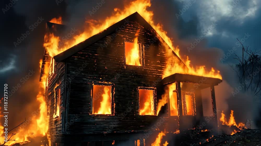 Intense blaze engulfs house in dramatic fire at dusk creating dangerous conditions, burning house by fire very hot and dangerous broke home destroyed in night video