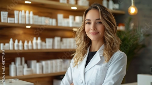 Portrait of a confident female skincare professional in a beauty clinic, standing with shelves of cosmetic products in the background photo