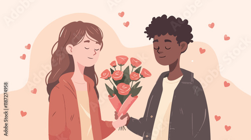 Dark Skinned Character Giving Bouquet of Flowers