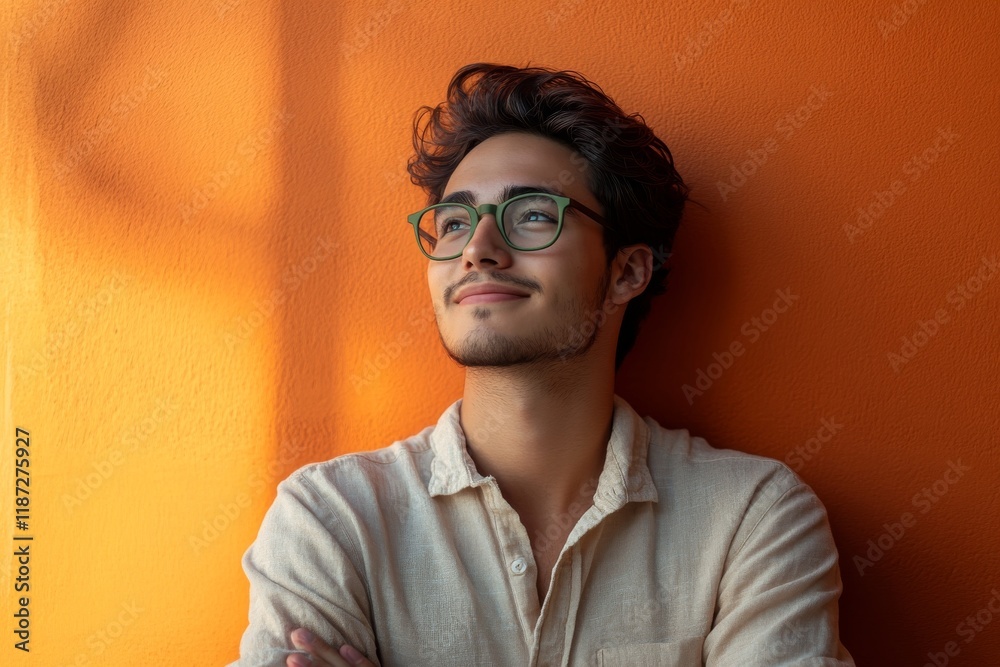 Obraz premium A young Latino man with glasses stands against a vibrant orange wall, looking thoughtfully upwards with a slight smile