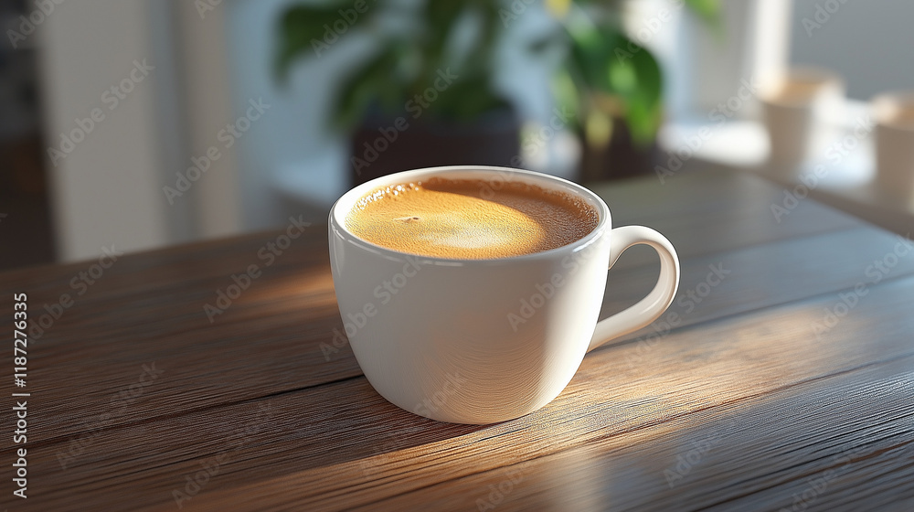 Obraz premium Espresso in a white cup on a wooden table, foam pattern on the surface, minimal aesthetics, realistic details. 