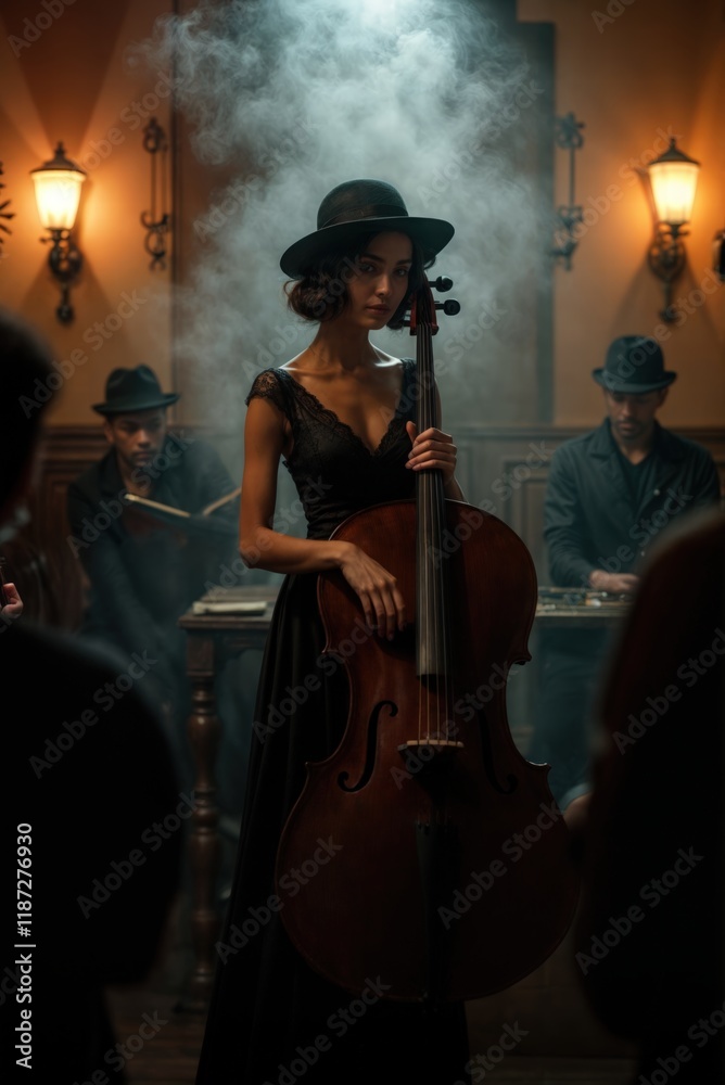 Fototapeta premium n a dimly lit jazz club with vintage lamps and ghostly smoke, a melancholic cellist dressed in 1920s noir attire captivates a silent crowd with her mysterious, haunting performance.