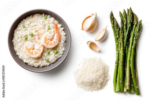 Delicious shrimp risotto served with fresh asparagus and garlic, showcasing a culinary masterpiece ready for enjoyment photo