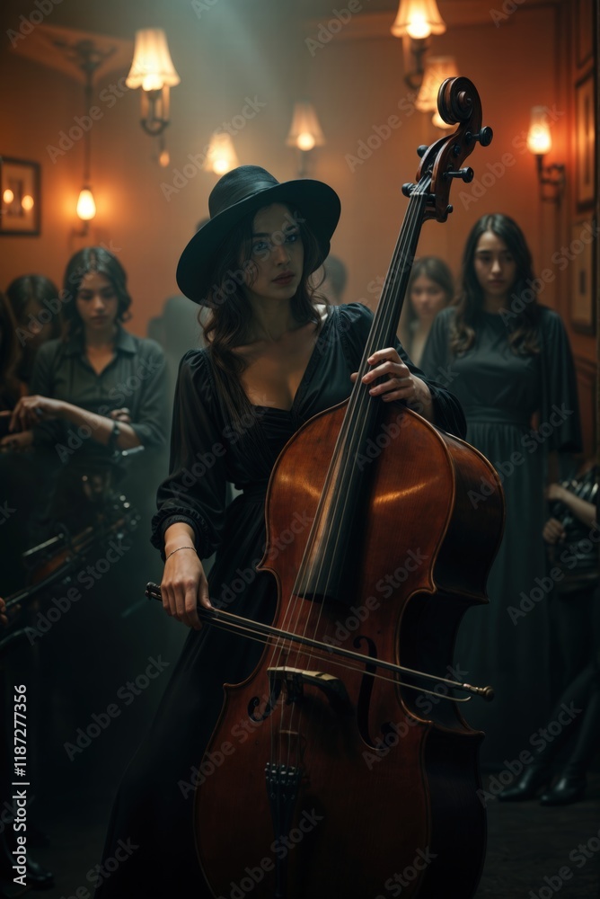 Fototapeta premium A noir-inspired jazz club scene where a cellist in 1920s attire hides her melancholy under a hat, her music echoing through smoke-filled air as shadowy figures admire her mystique.
