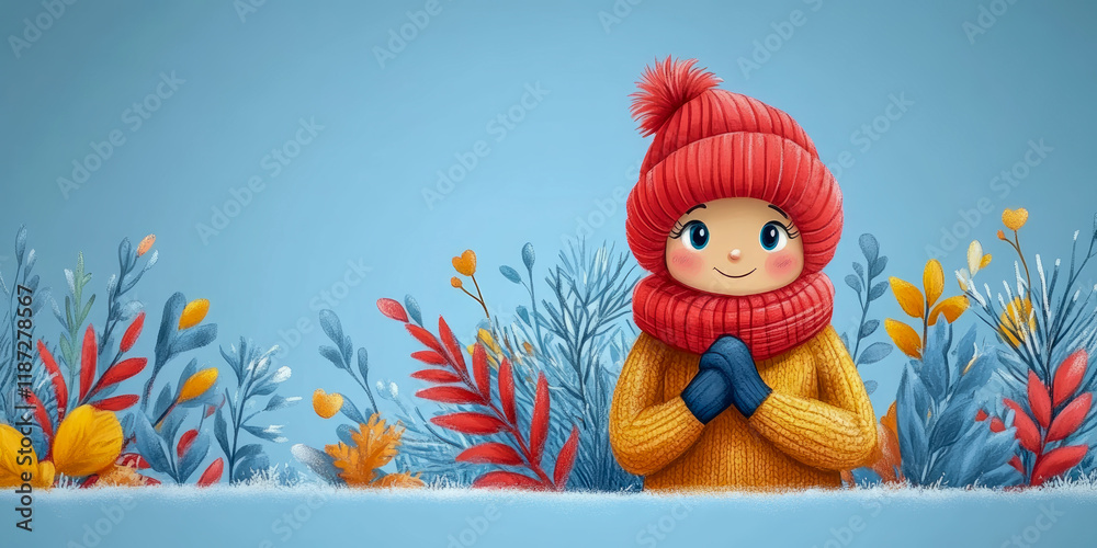 Naklejka premium Adorable Child in Red Hat and Yellow Sweater Amidst Winter Flora