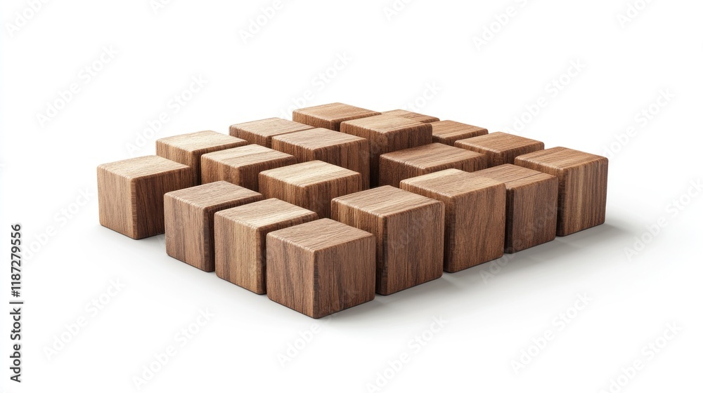 Sixteen wooden cubes arranged in a grid pattern on a white background. Sixteen wooden cubes arranged in a grid pattern on a white background.
