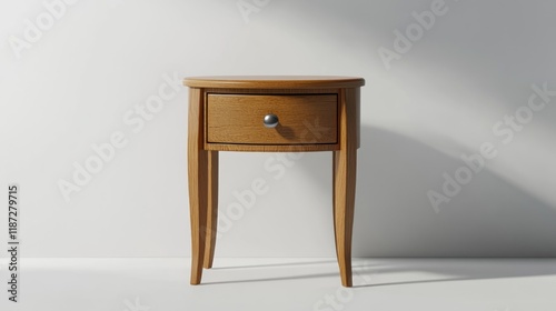 Round wooden bedside table with single drawer against white wall. photo