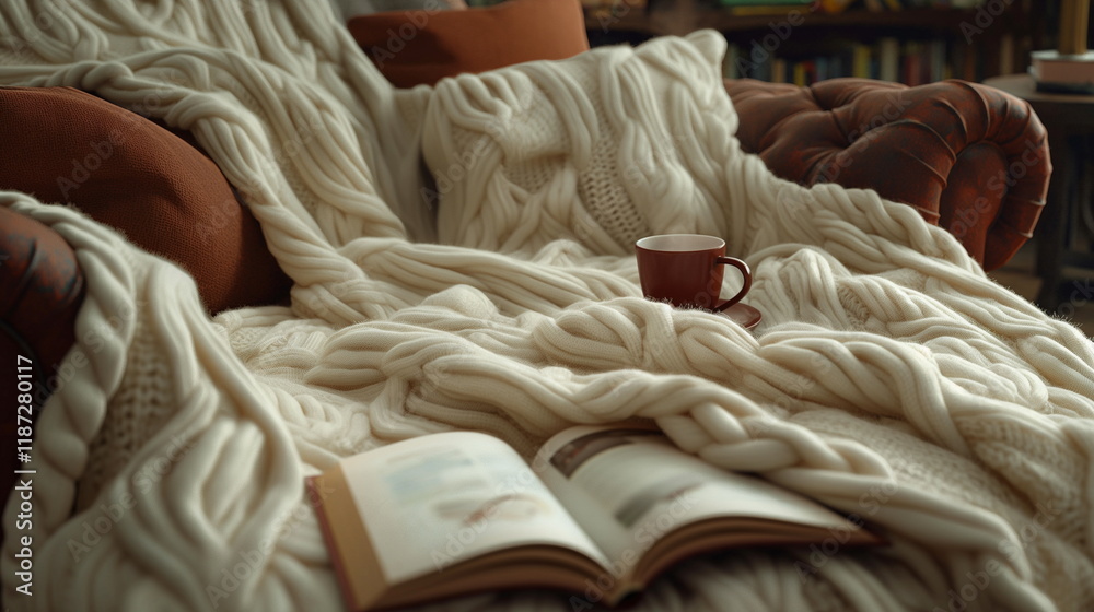 Large cream-colored knitted fabric lying on a chai_005 Large cream-colored knitted fabric lying on a chai_005