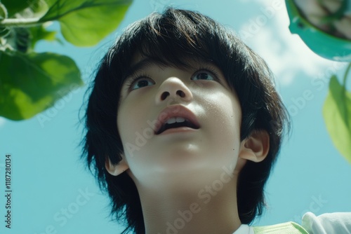 Young asian boy gazing upward surrounded by green leaves on a sunny day