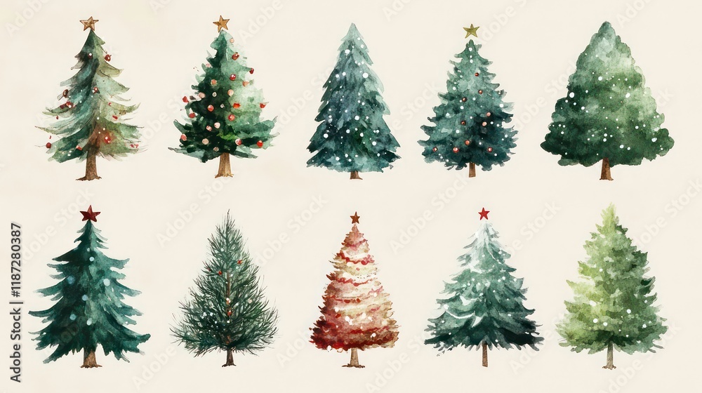 Twelve watercolor Christmas trees, varying in style and color, perfect for holiday designs. Twelve watercolor Christmas trees, varying in style and color, perfect for holiday designs.