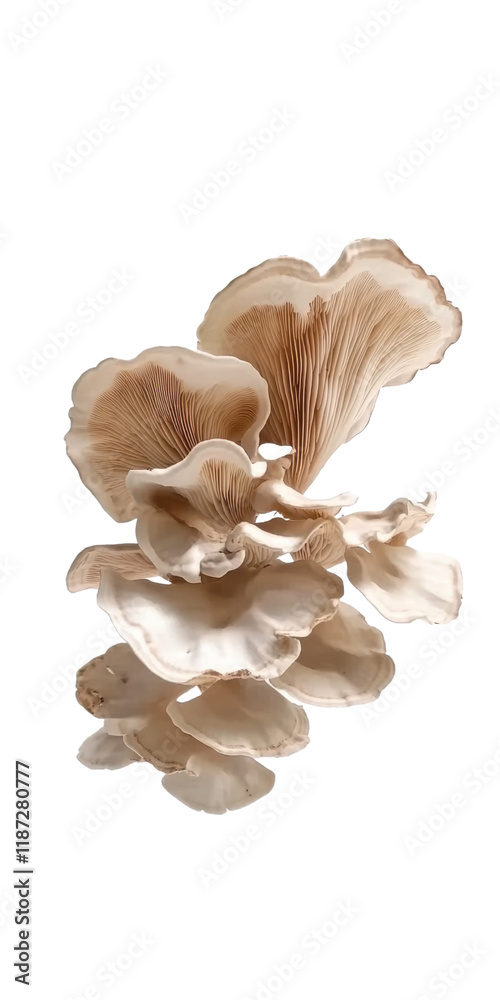 Fototapeta premium Oyster mushrooms isolated. Exotic mushrooms, umami flavor, healthy garnish, tender texture, savory dish, mushroom-based food, flavorful ingredient, natural garnish.
