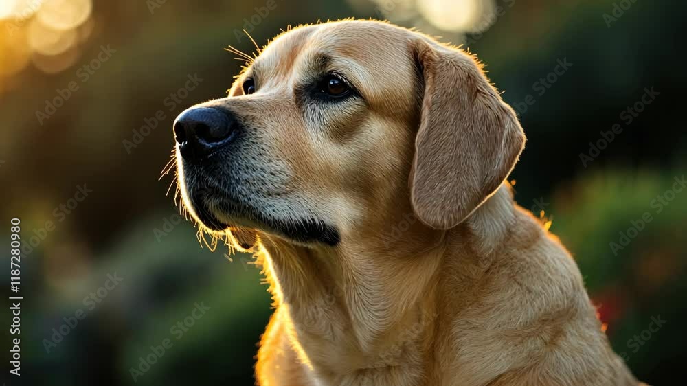 Golden dog resting peacefully in warm sunlight during a serene outdoor moment Golden dog resting peacefully in warm sunlight during a serene outdoor moment