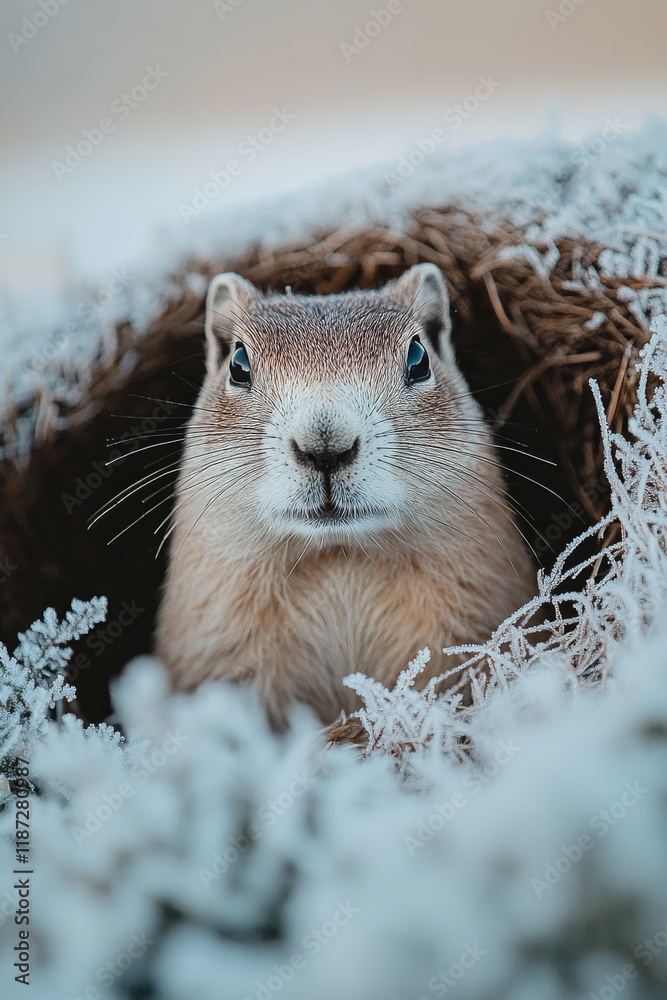 Obraz premium A groundhog peeking out from its burrow surrounded by frost-covered grass