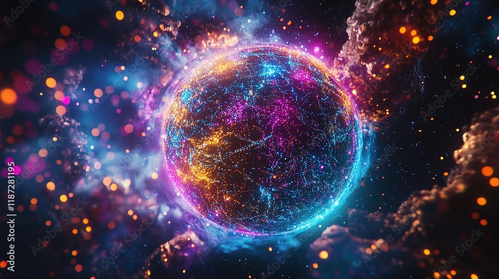 Obraz premium Brightly Colored Technology Visualization of Data on Planet Scale