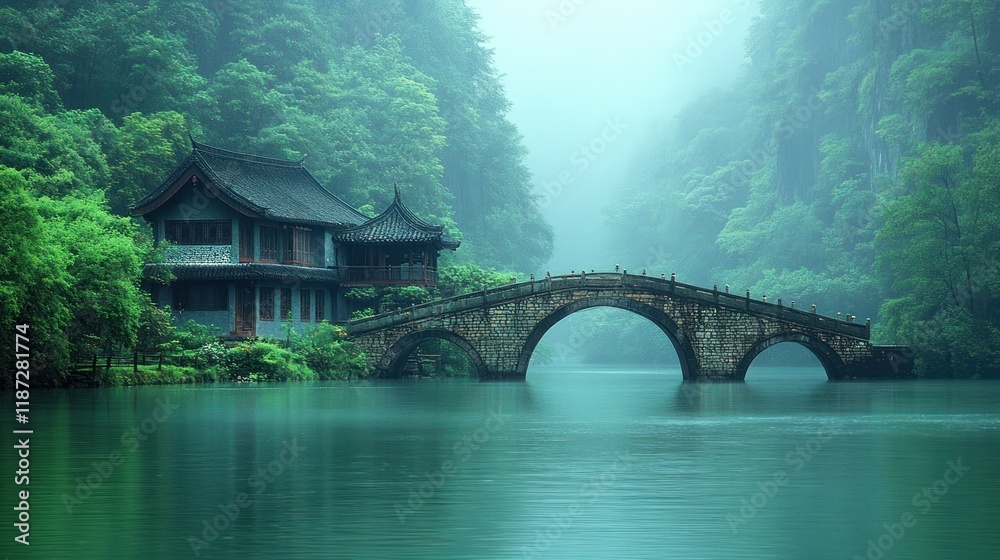 Fototapeta premium Misty mountain lake with ancient bridge and house.