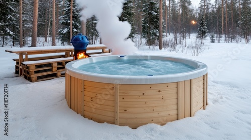 Outdoor wooden hot tub with wood stove emits smoke while a table and benches rest on snow-covered ground in a tranquil forest photo