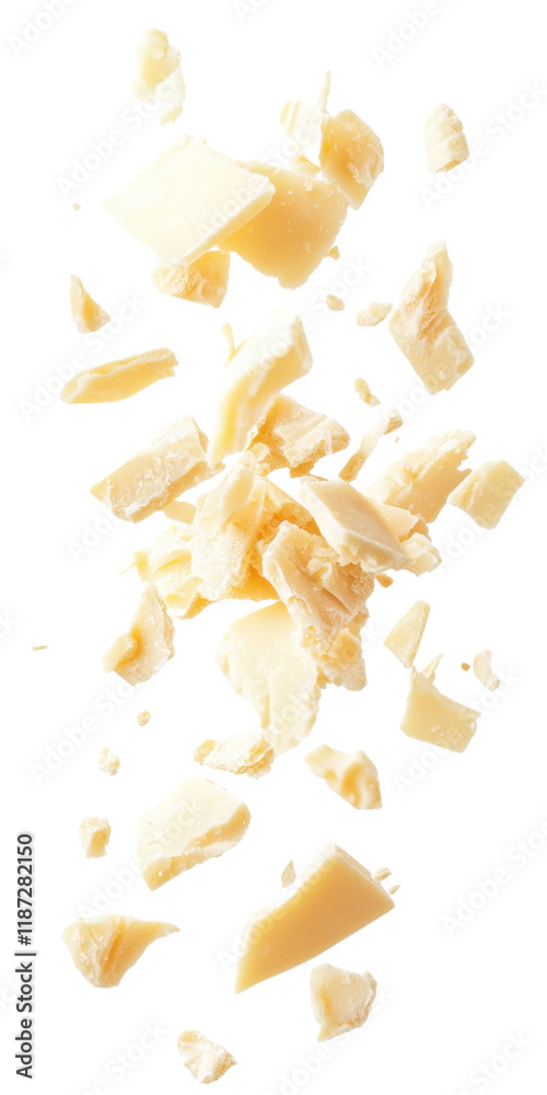 Fototapeta premium Shaved parmesan isolated. Savory, aged cheese, rich umami flavor, Italian cuisine, grated texture, versatile, perfect for topping pasta, salads, or pizza.