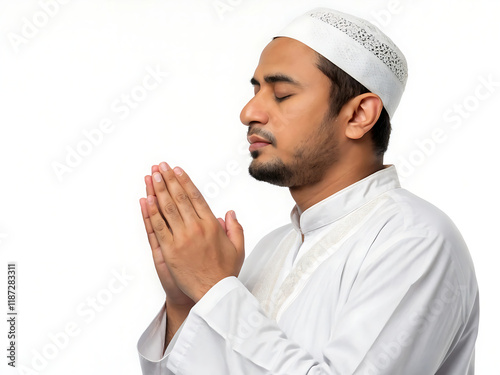 Muslim man praying in the mosque photo