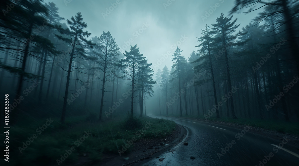 Fototapeta premium Winding road disappearing into a foggy forest at dusk