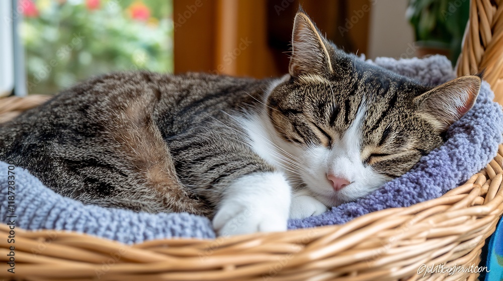 Tabby cat napping in wicker basket, garden view Tabby cat napping in wicker basket, garden view