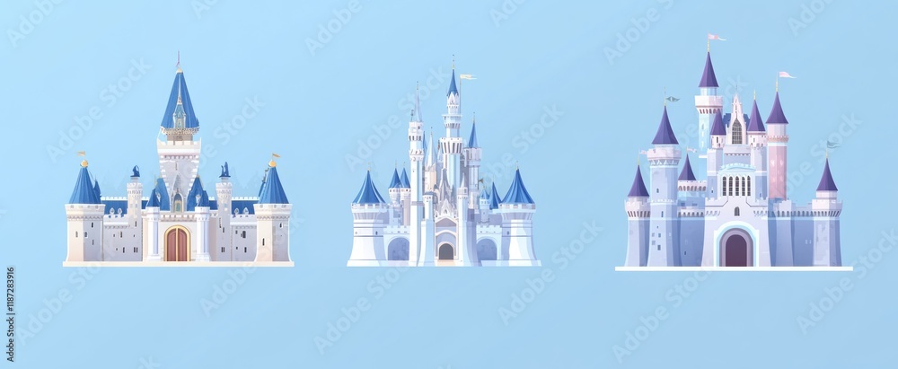 Naklejka premium Four different castle designs, flat graphic style, light blue background. Concept of fantasy architecture. Vector illustration