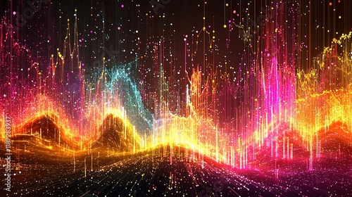 Vibrant data visualization of technology expansion trends in a futuristic environment