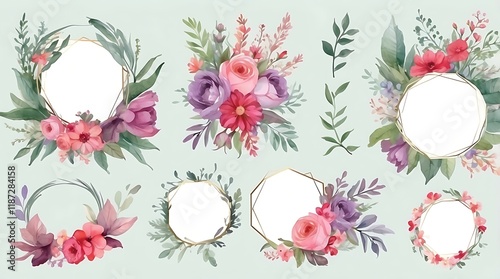 Watercolor Floral Frame Collection with Bouquets and Borders