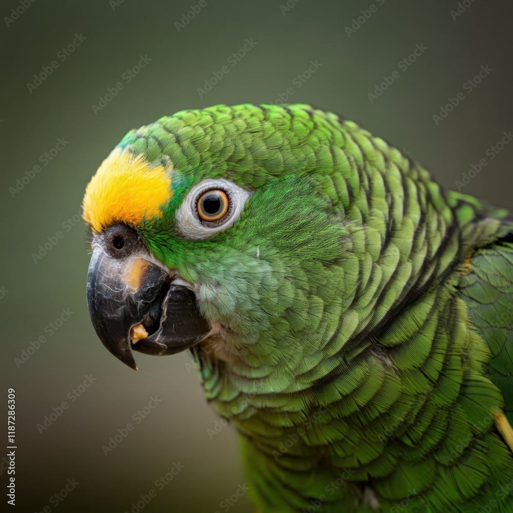 Fototapeta premium Vibrant green parrot, yellow head feathers, orange eyes, curved beak, perched on branch, colorful plumage, Amazon parrot species, tropical bird, close-up portrait, blurred background, wildlife photogr