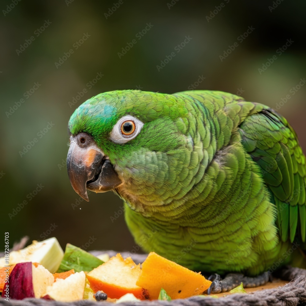 Fototapeta premium Vibrant green parrot, yellow head feathers, orange eyes, curved beak, perched on branch, colorful plumage, Amazon parrot species, tropical bird, close-up portrait, blurred background, wildlife photogr