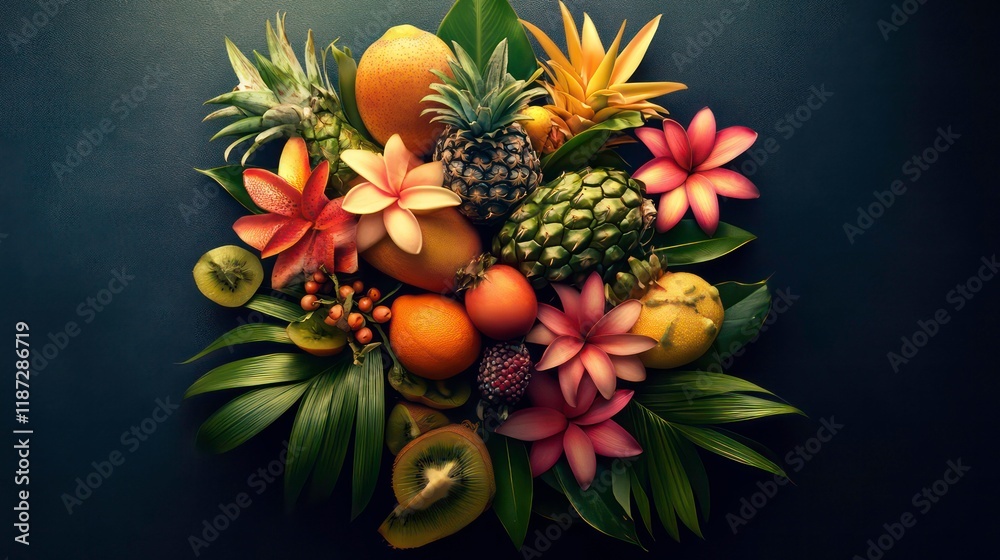 Fototapeta premium Tropical fruits and flowers arranged artistically on dark background.
