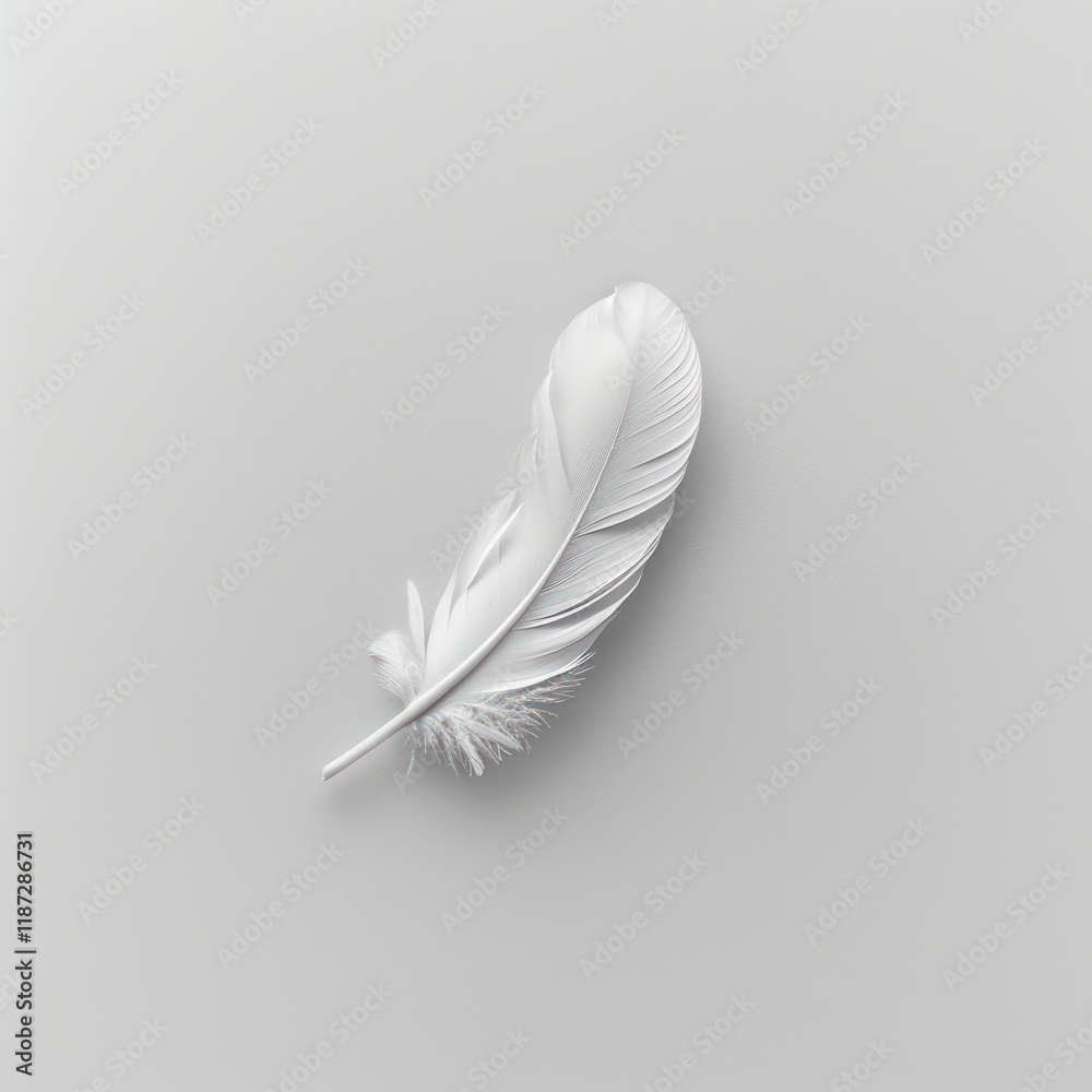 Single white feather on a white background. Minimalist, clean design. Single white feather on a white background. Minimalist, clean design.