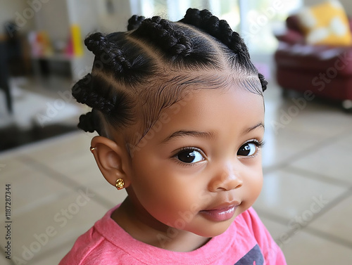 Portrait of a baby with simple three-strand braids or cornrows are gentle on their tender scalps and look cute.