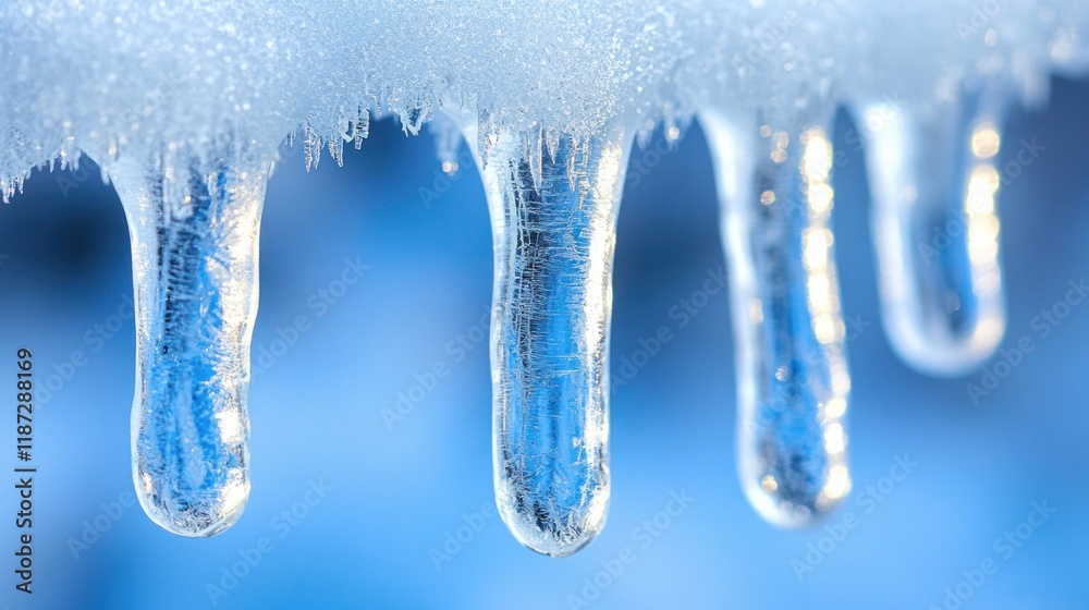 Icicles dripping from snow on roof, blue sky. Icicles dripping from snow on roof, blue sky.
