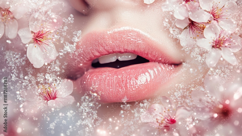 Fototapeta premium Delicate Beauty: Pink Lips and Blossoms
