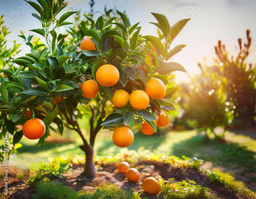 orange tree with ripe and unripe fruit in sunlit garden natural beauty of citrus trees and is ideal for themes related to gardening agriculture fruit harvesting and outdoor plants photo