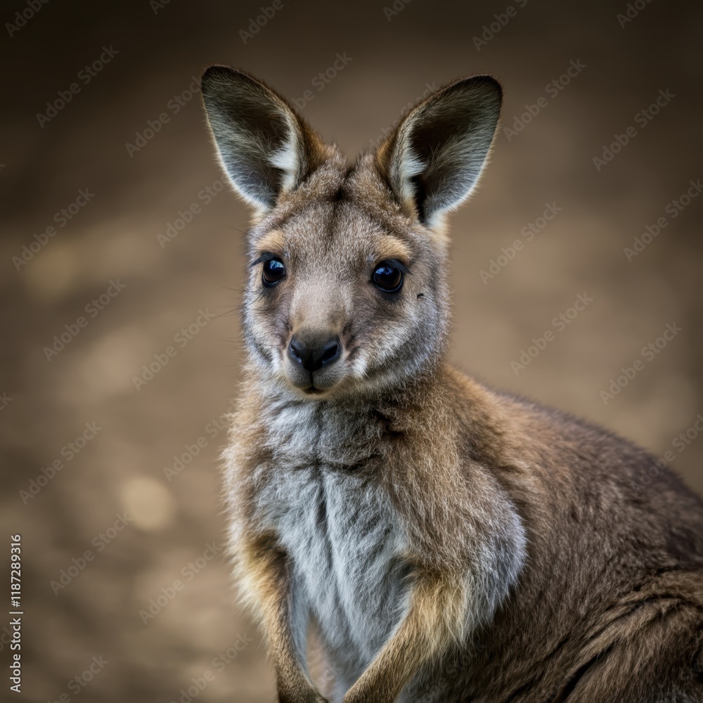 Photorealistic wallaby portrait, close-up, soft fur texture, alert ears, gentle eyes, natural lighting, blurred background, Australian wildlife, neutral tones, detailed whiskers, outdoor setting, high Photorealistic wallaby portrait, close-up, soft fur texture, alert ears, gentle eyes, natural lighting, blurred background, Australian wildlife, neutral tones, detailed whiskers, outdoor setting, high