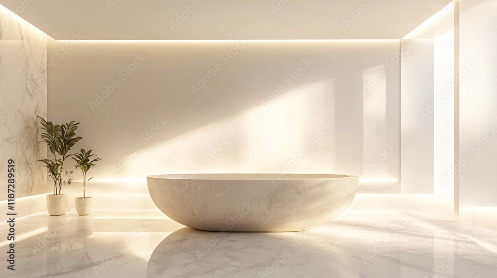 Fototapeta premium Luxurious bathroom with a freestanding bathtub, marble floors, and soft lighting, copy space