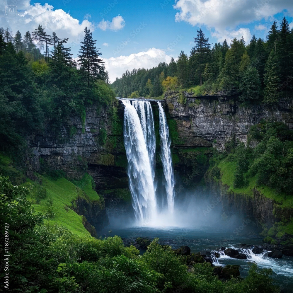 Fototapeta premium Scenic view of waterfall in forest against sky