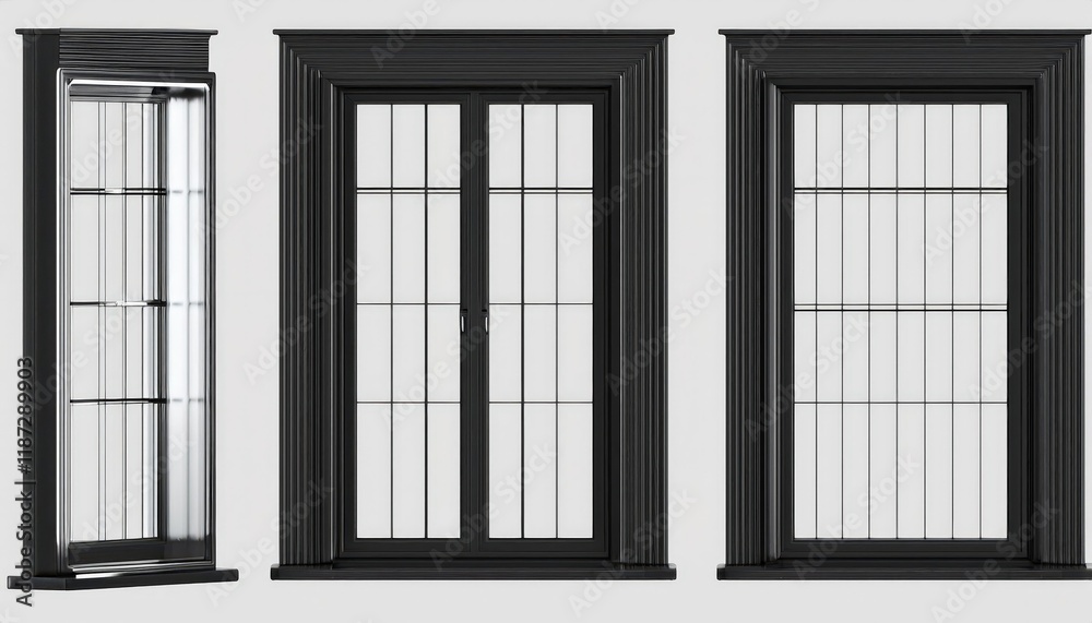 Striking Set of Isolated Black Picture Windows with Beveled Edges, Ranging from m to m in Height, Displaying a Minimalist Architectural Perspective Striking Set of Isolated Black Picture Windows with Beveled Edges, Ranging from m to m in Height, Displaying a Minimalist Architectural Perspective