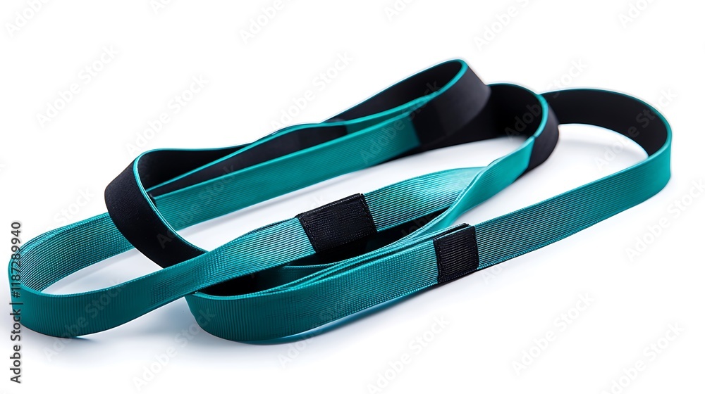 Three blue and black straps are laid out on a white background