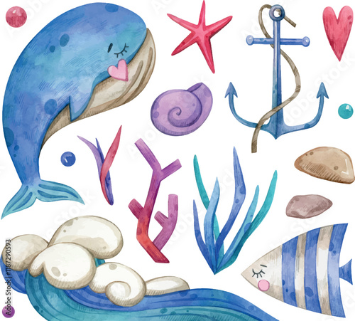 Watercolor hand painted painting set. Sea, nautical, shell, whale, coral, ocean, flag. Illustration isolated on white background. Use it for postcards, invitations, and scrapbooking.