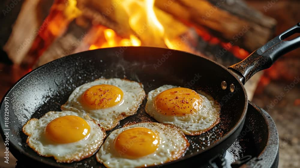 Fried eggs sizzling in a frying pan over a warm fireplace on a cozy morning, fried eggs in a frying pan or grilling on fireplace video ing Fried eggs sizzling in a frying pan over a warm fireplace on a cozy morning, fried eggs in a frying pan or grilling on fireplace video ing